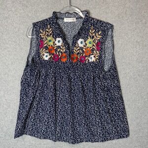 Angashion Blouse Womens Large Floral Embroidered Sleeveless Top Ruffle Neck‎